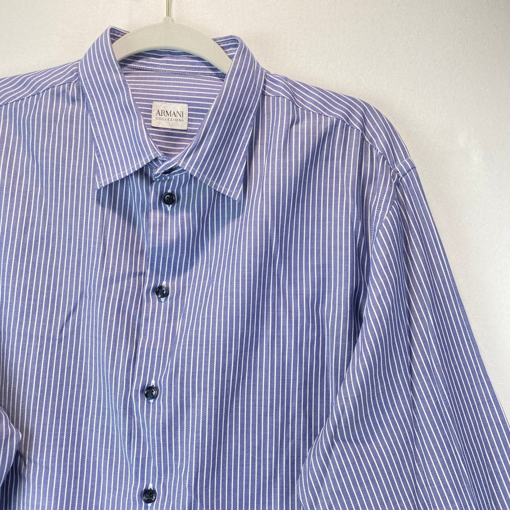 Armani Collezioni Pinstripe Button Up Mens XL Blue Cotton Long Sleeve Shirt